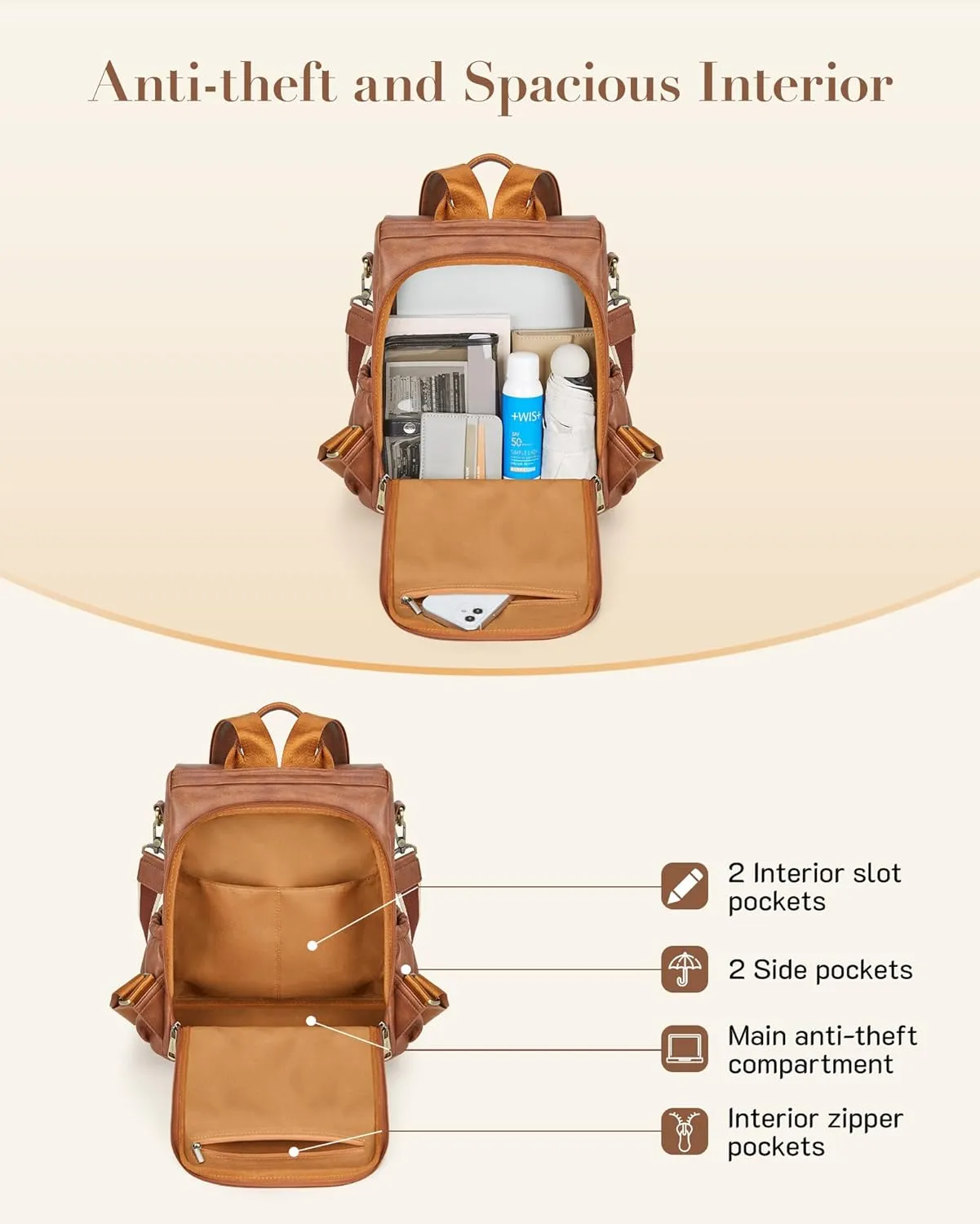 Missnine Backpack Purse for Women, PU Leather Anti-theft Backpack, Ladies Convertible Satchel Bags, Shoulder Bag for Travel, Work, Trip, Brown