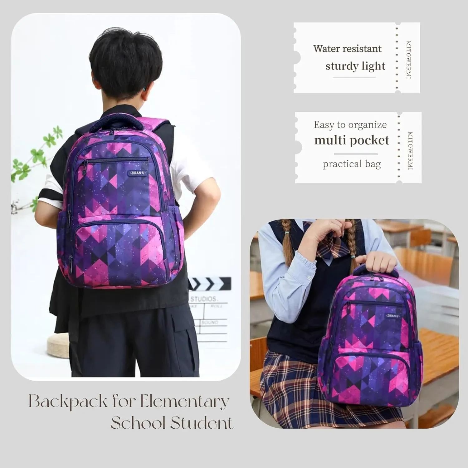 MITOWERMI Kids Backpack for Boys Girls Elementary School Bags Backpacks for Girls Children Bookbags Primary Kindergarten Backpack Purple Geometric