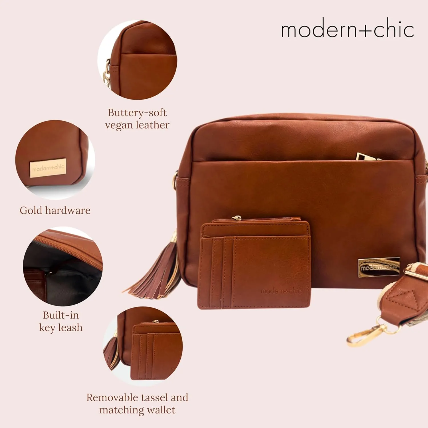 Modern Chic Alice Crossbody Bag: Vegan Leather Purse with Roomy Exterior/Interior Pockets, Key Leash & Matching Womens Wallet