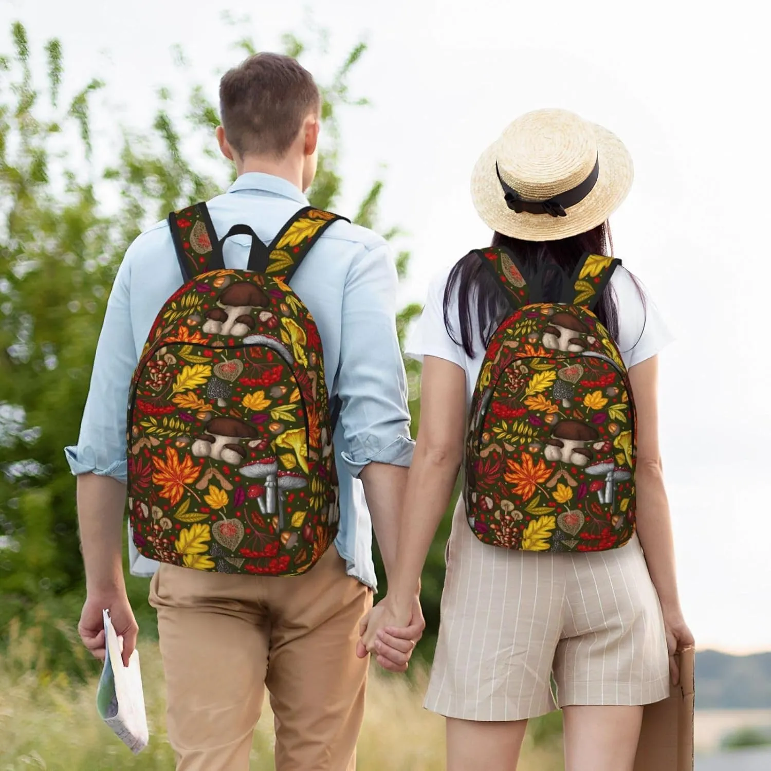 Mushrooms Autumn Maple Leaf Chestnut Mountain Ash Chanterelles Canvas Backpacks Laptop Backpack Multipurpose Double Shoulder Bag for Men Women Gifts Small
