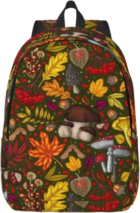 Mushrooms Autumn Maple Leaf Chestnut Mountain Ash Chanterelles Canvas Backpacks Laptop Backpack Multipurpose Double Shoulder Bag for Men Women Gifts Small