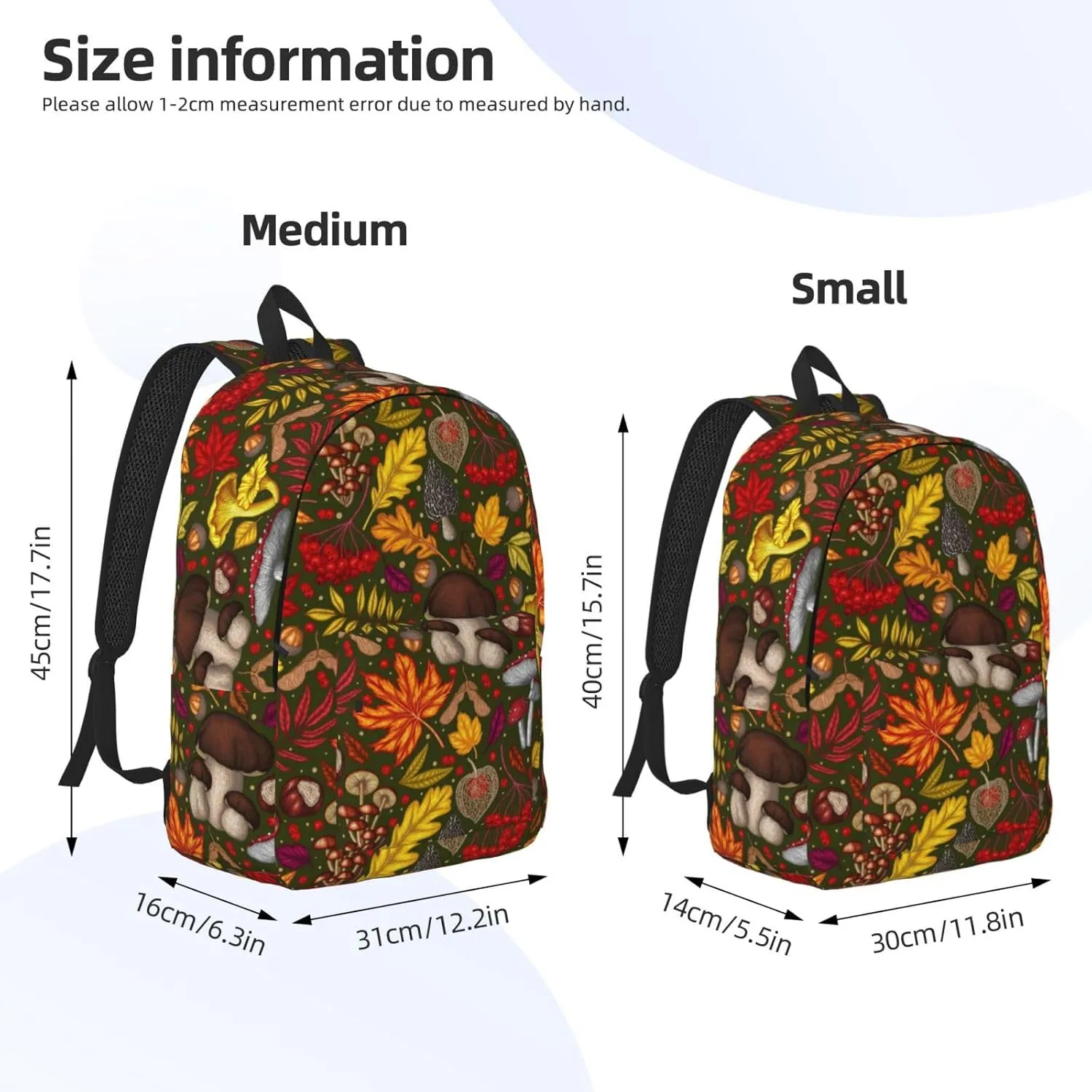 Mushrooms Autumn Maple Leaf Chestnut Mountain Ash Chanterelles Canvas Backpacks Laptop Backpack Multipurpose Double Shoulder Bag for Men Women Gifts Small
