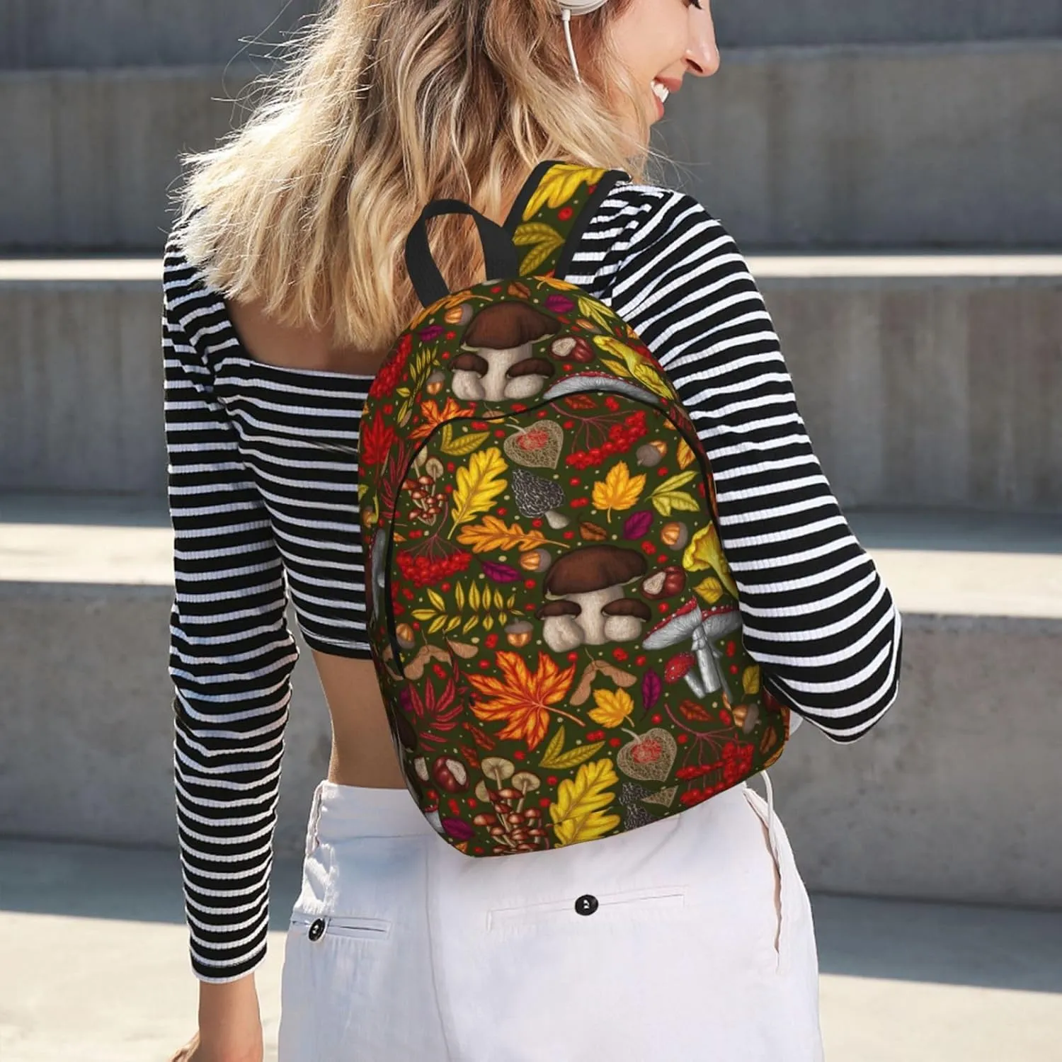 Mushrooms Autumn Maple Leaf Chestnut Mountain Ash Chanterelles Canvas Backpacks Laptop Backpack Multipurpose Double Shoulder Bag for Men Women Gifts Small