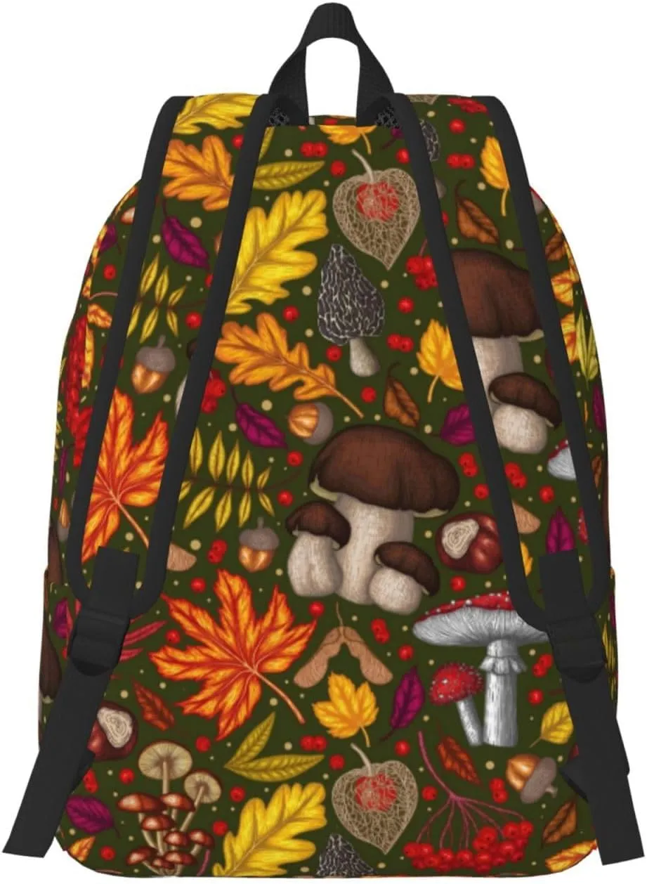 Mushrooms Autumn Maple Leaf Chestnut Mountain Ash Chanterelles Canvas Backpacks Laptop Backpack Multipurpose Double Shoulder Bag for Men Women Gifts Small