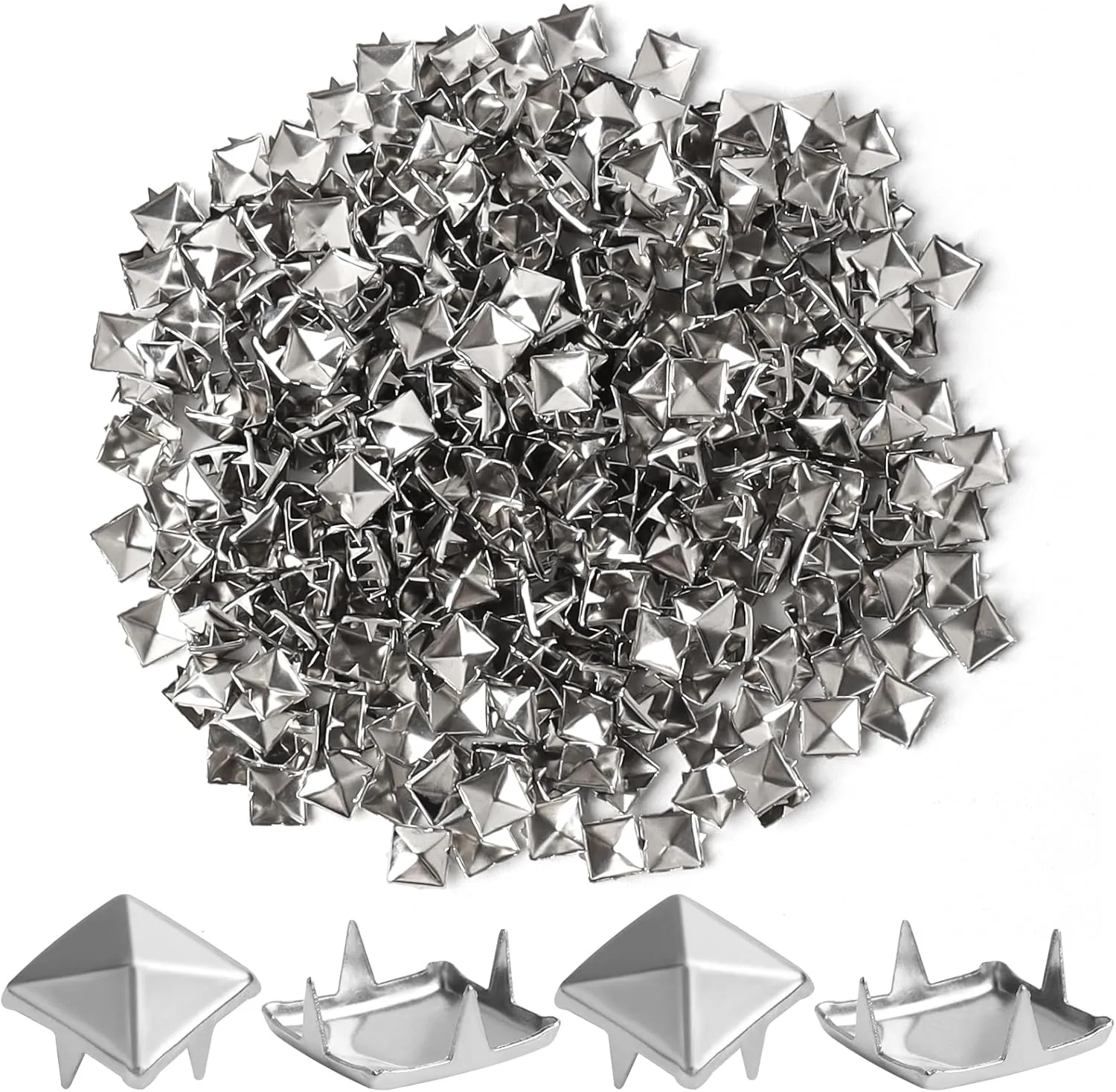 SBYURE 1000 Pieces 10mm Silver Studs for Clothing Four-jaw Square Spikes for Crafts Punk Metal Spike Studs for Leather Jacket Bag Dog Collar