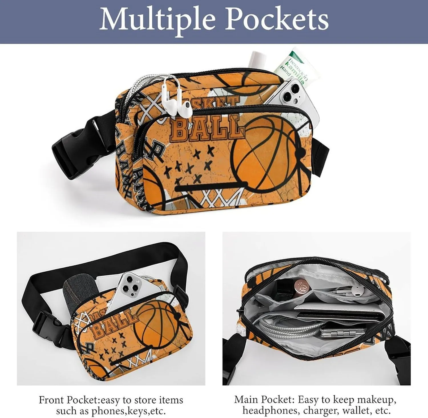 Sport Basketball Belt Bag Fanny Pack Crossbody Orange Fashion Waist Packs With Adjustable Strap For Men Women Travel Hiking Cycling Running