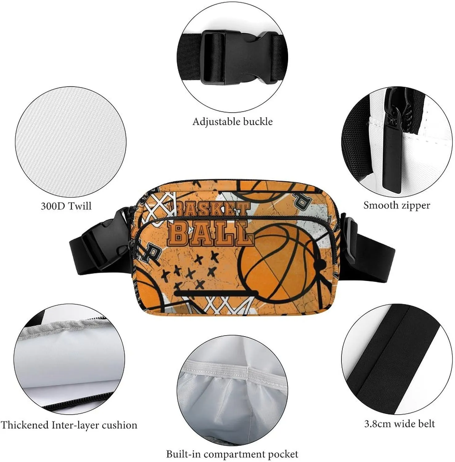 Sport Basketball Belt Bag Fanny Pack Crossbody Orange Fashion Waist Packs With Adjustable Strap For Men Women Travel Hiking Cycling Running
