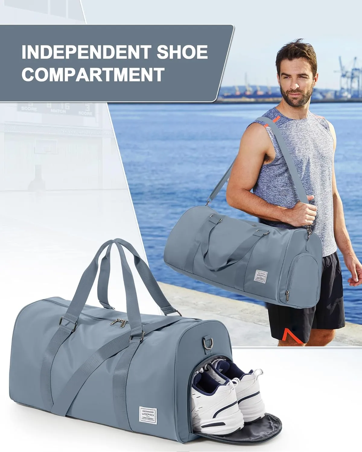 Sports Gym Bag for Women Men, Travel Duffle Bag Personal Item Travel Bag for Airplane, Waterproof Weekender Bag Carry On Tote Bags Overnight Bag with Shoes Compartment and Wet Pocket, Darkblue