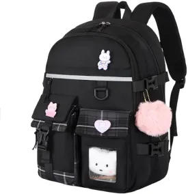 Teenage girls Backpacks15.6 Inch Cute School Bag Elementary Middle High School College Backpack Girls School Large Capacity Waterproof Backpacks, Cute Black Fashion Backpacks Travel Backpack(Black)