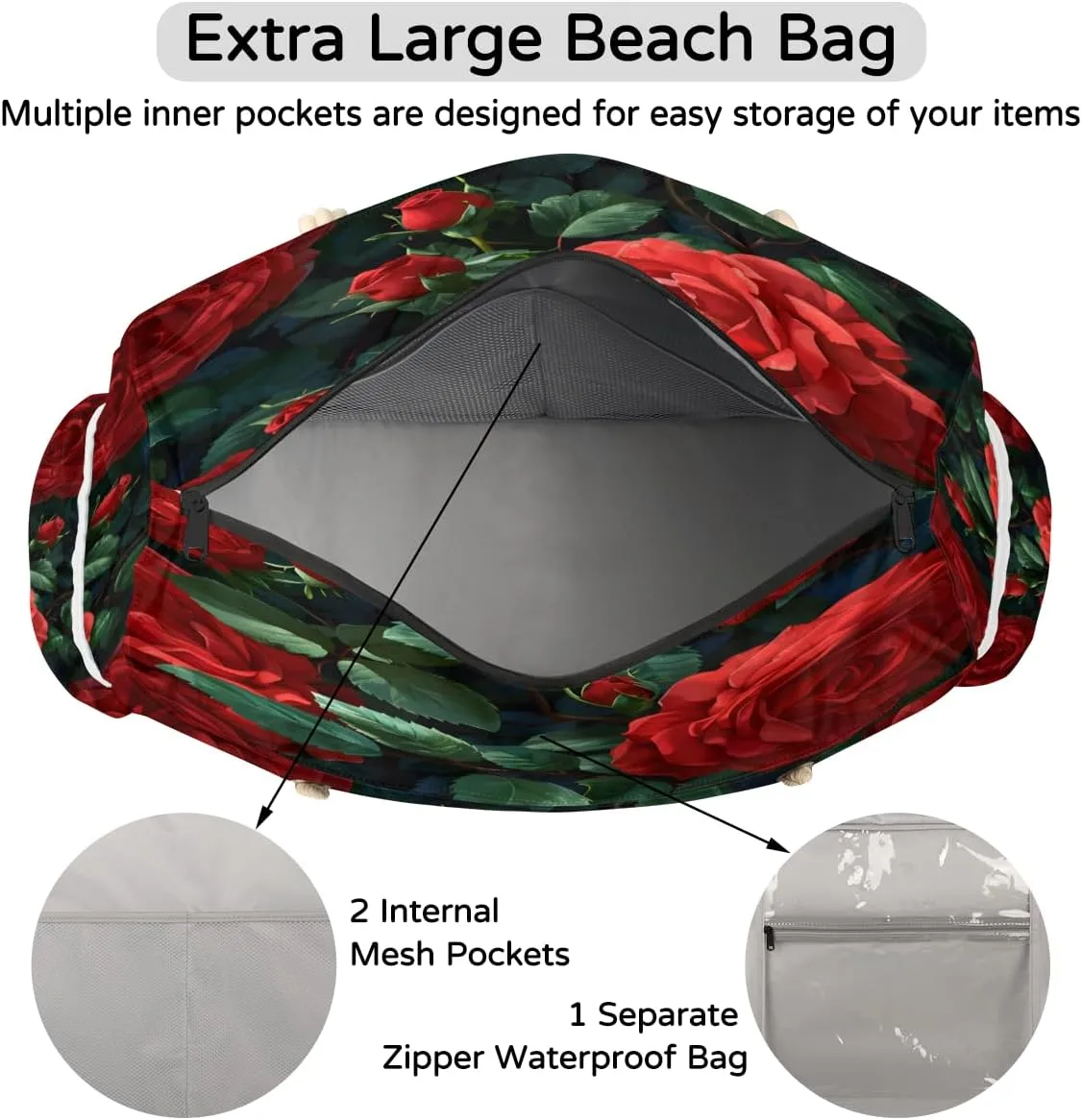 Tote Beach Bag for Women Large Zipper Beach Bags Waterproof Sandproof Gym Swim Pool Travel Bag