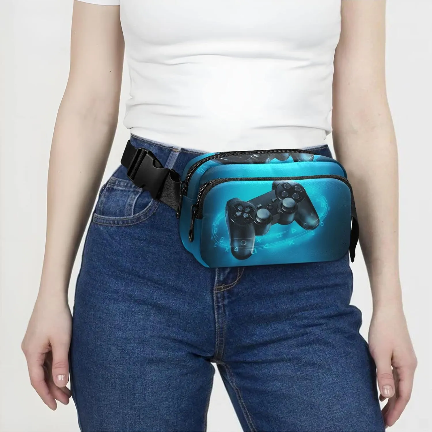 Video Game Controller and Blue Light on Blue Background Adjustable Belt Running Bag, Crossbody Fanny Pack Waist Runners Bag Tote for Women Men Sports Hiking Fitness Exercise Gym Pouch