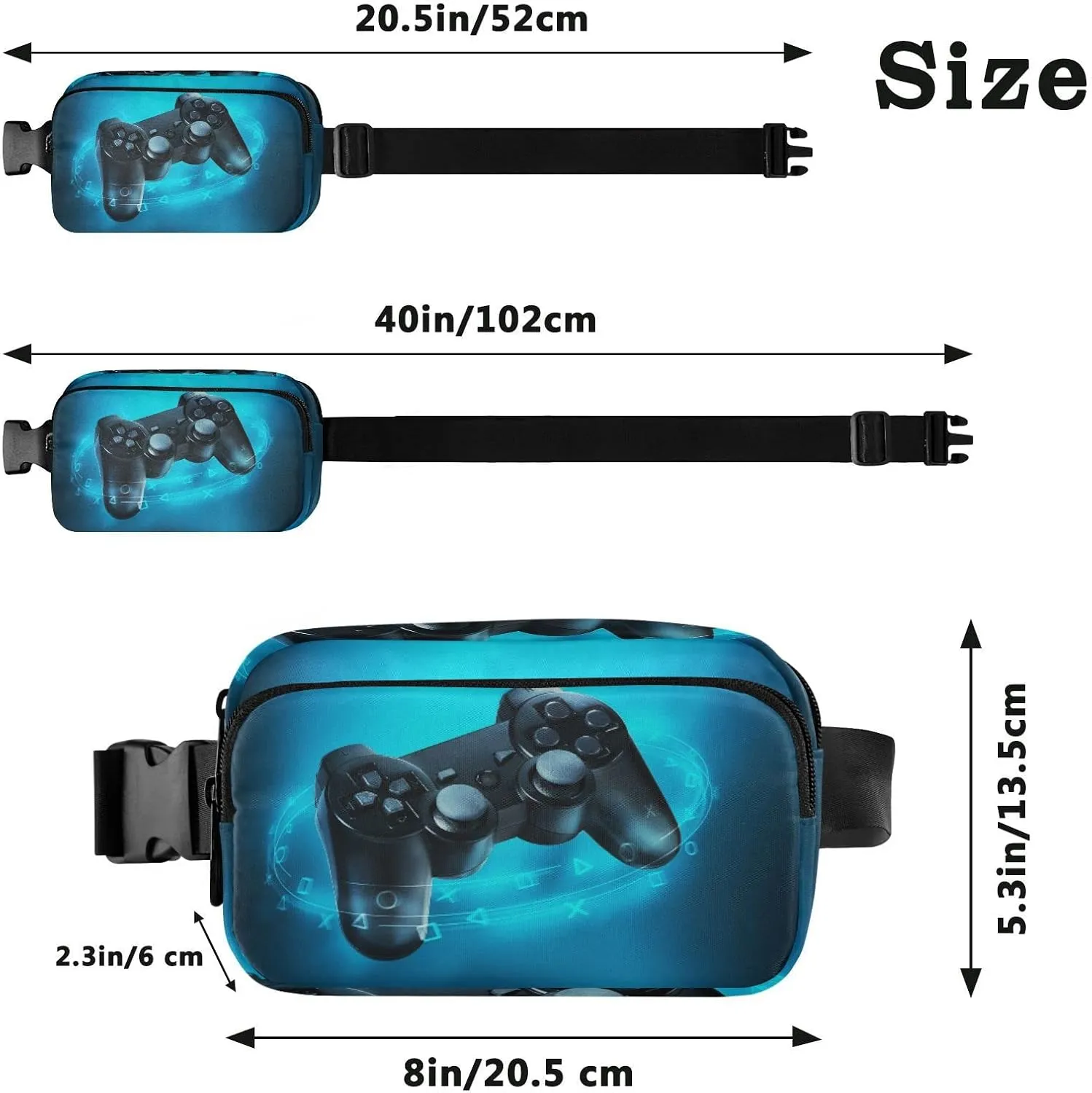 Video Game Controller and Blue Light on Blue Background Adjustable Belt Running Bag, Crossbody Fanny Pack Waist Runners Bag Tote for Women Men Sports Hiking Fitness Exercise Gym Pouch