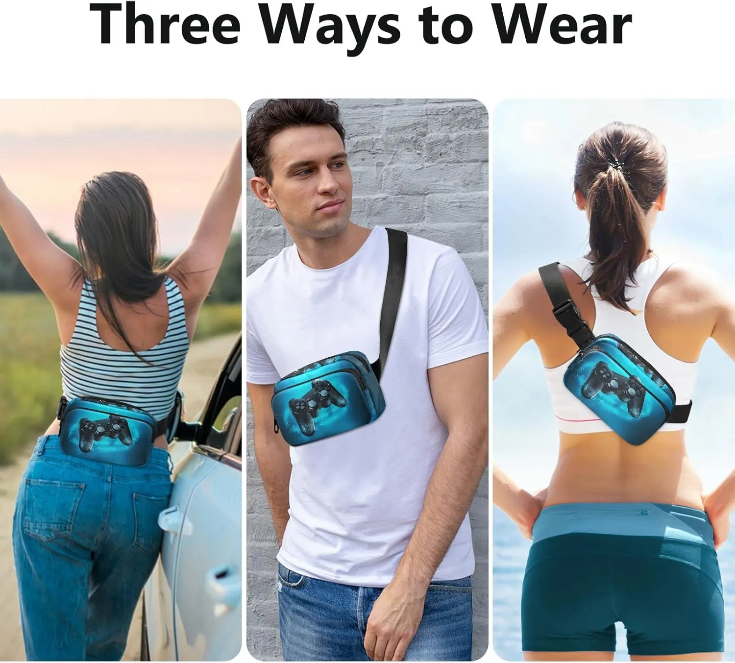 Video Game Controller and Blue Light on Blue Background Adjustable Belt Running Bag, Crossbody Fanny Pack Waist Runners Bag Tote for Women Men Sports Hiking Fitness Exercise Gym Pouch