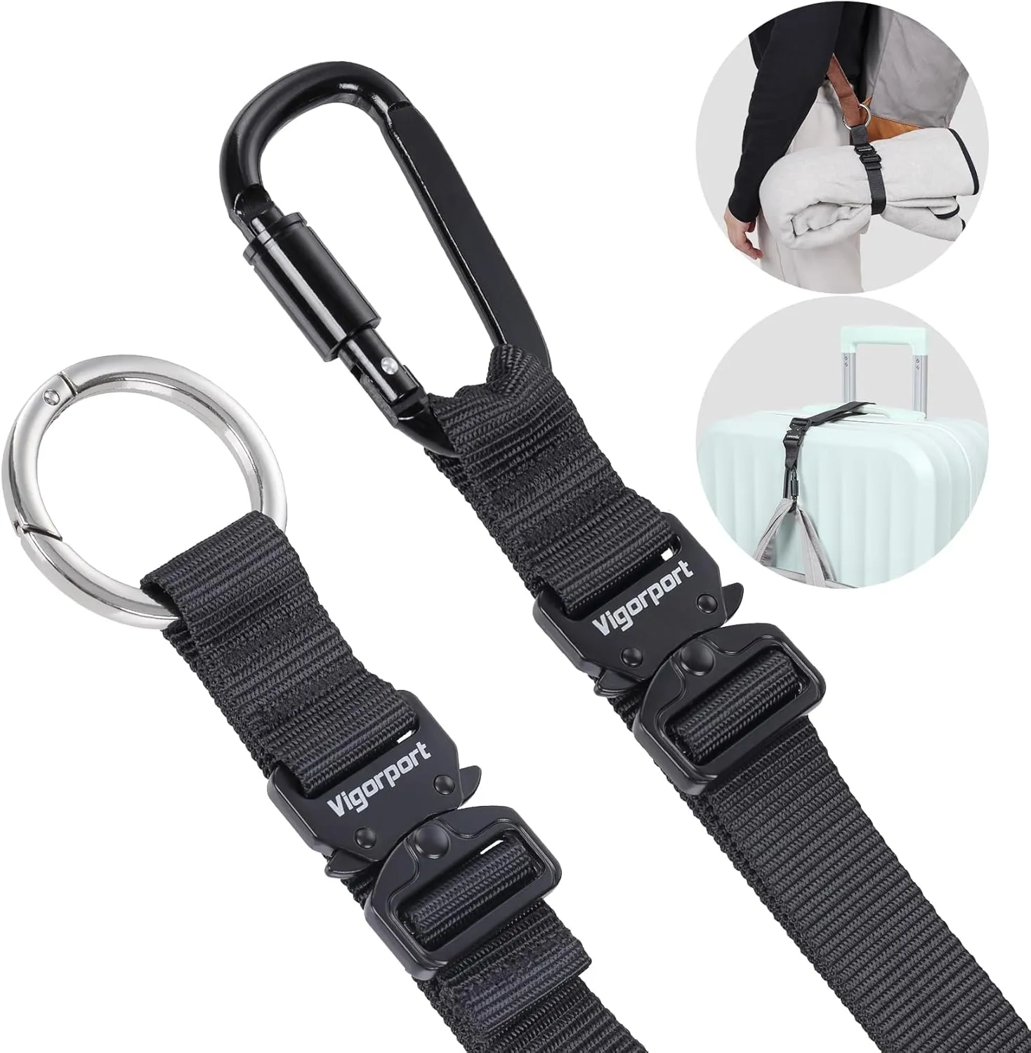Vigorport 2 Pack Add A Bag Luggage Strap Jacket Gripper, Heavy Duty Luggage Belt for Carry on Bag with Metal Carabiner, Travel Suitcase Accessories, Easy to Carry Your Extra Bags (Black, 2 Clips)