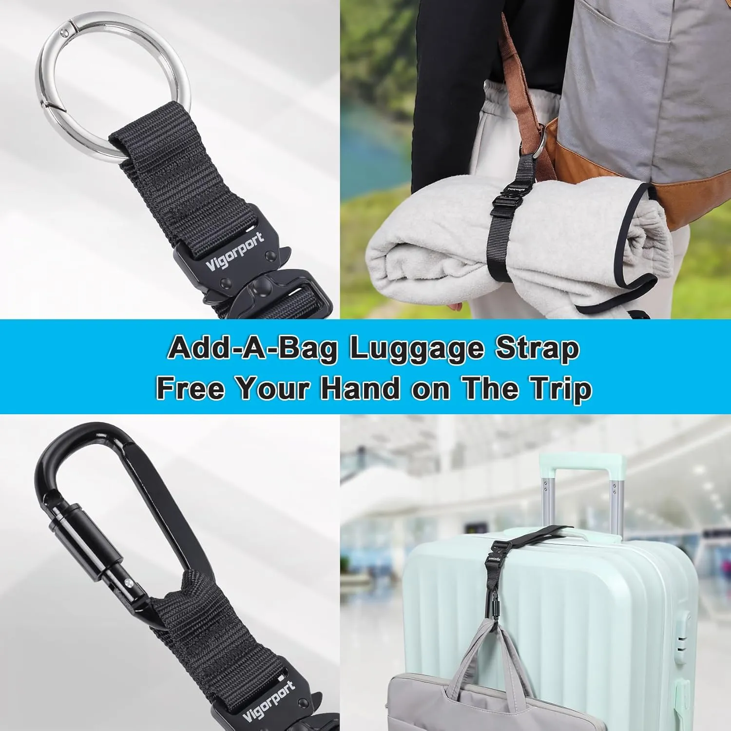 Vigorport 2 Pack Add A Bag Luggage Strap Jacket Gripper, Heavy Duty Luggage Belt for Carry on Bag with Metal Carabiner, Travel Suitcase Accessories, Easy to Carry Your Extra Bags (Black, 2 Clips)