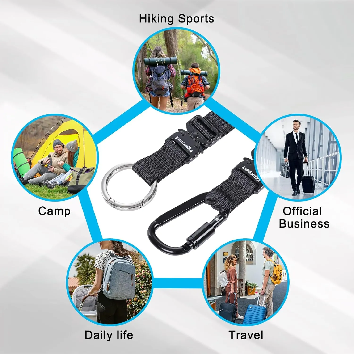 Vigorport 2 Pack Add A Bag Luggage Strap Jacket Gripper, Heavy Duty Luggage Belt for Carry on Bag with Metal Carabiner, Travel Suitcase Accessories, Easy to Carry Your Extra Bags (Black, 2 Clips)