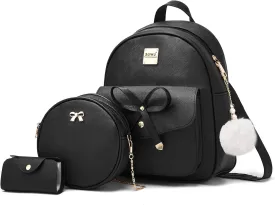 ZGWJ Mini Backpack Purse for Women - 3-Piece Set, Small PU Leather Bowknot Fashion Backpacks, Cute Casual Travel Daypacks
